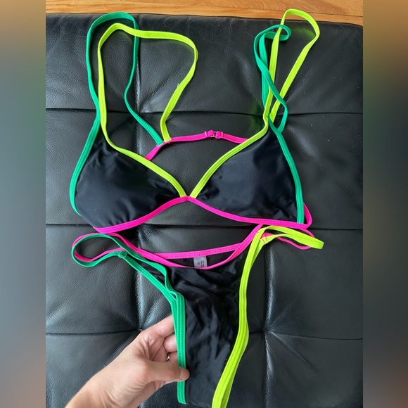 Bold Neon Black Trim High Waist and Leg Triangle Bikini - Picture 1 of 8